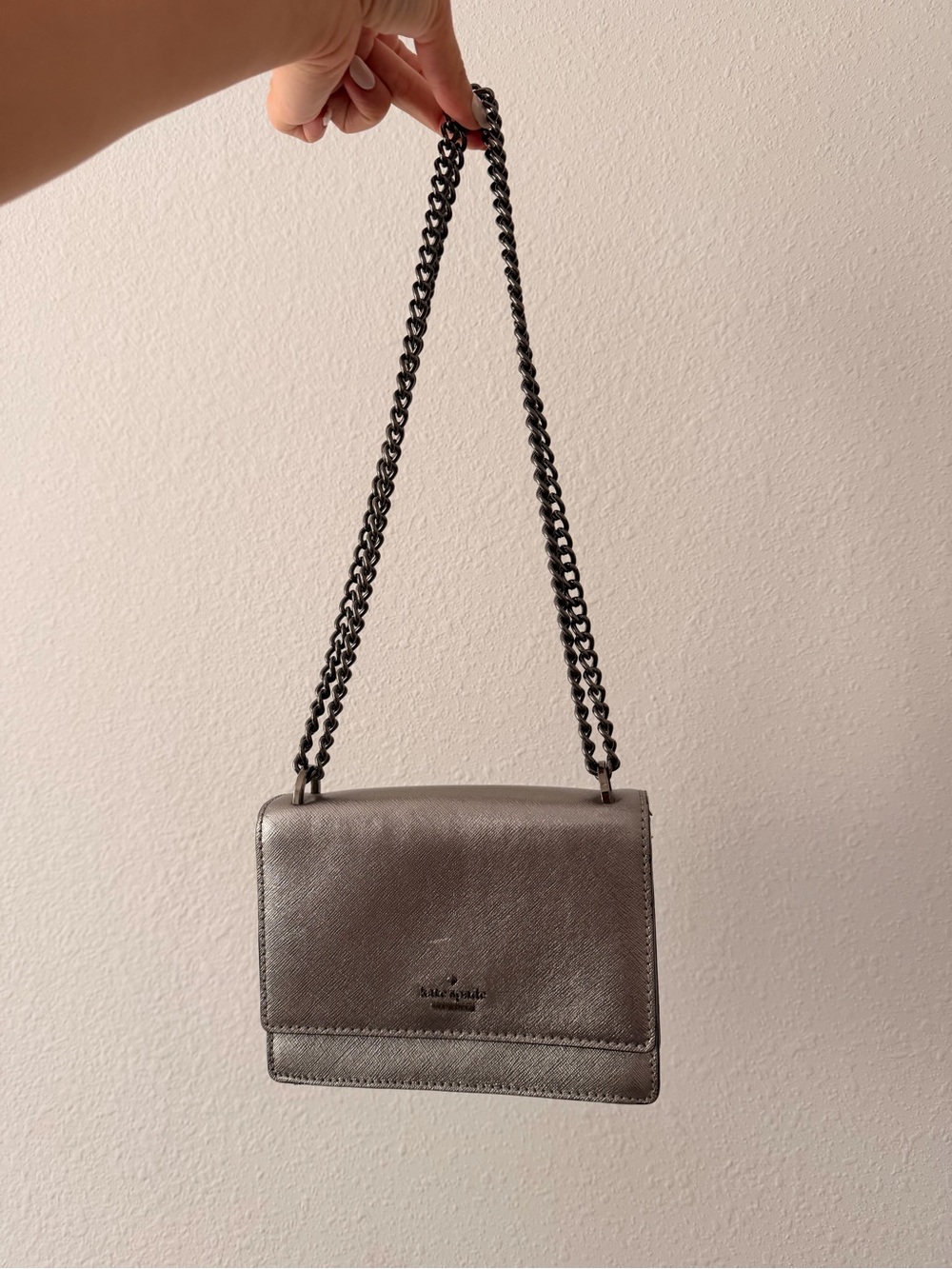 kate spade Metallic Silver Crossbody with Gunmetal Chain